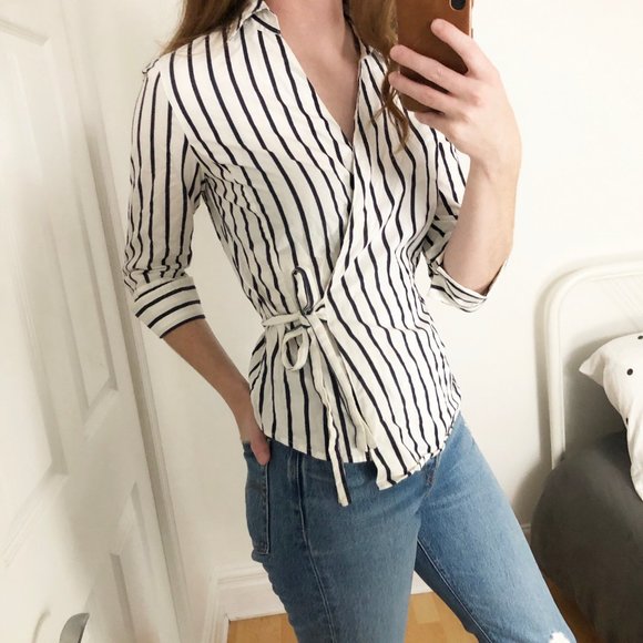 Stunning Parisian Asymmetrical Wrap Striped Blouse - Picture 2 of 4